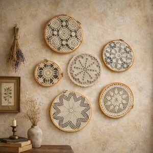 Vintage Crochet Doily Embroidery Hoop Wall Art Set Rustic Farmhouse Lace (6) set